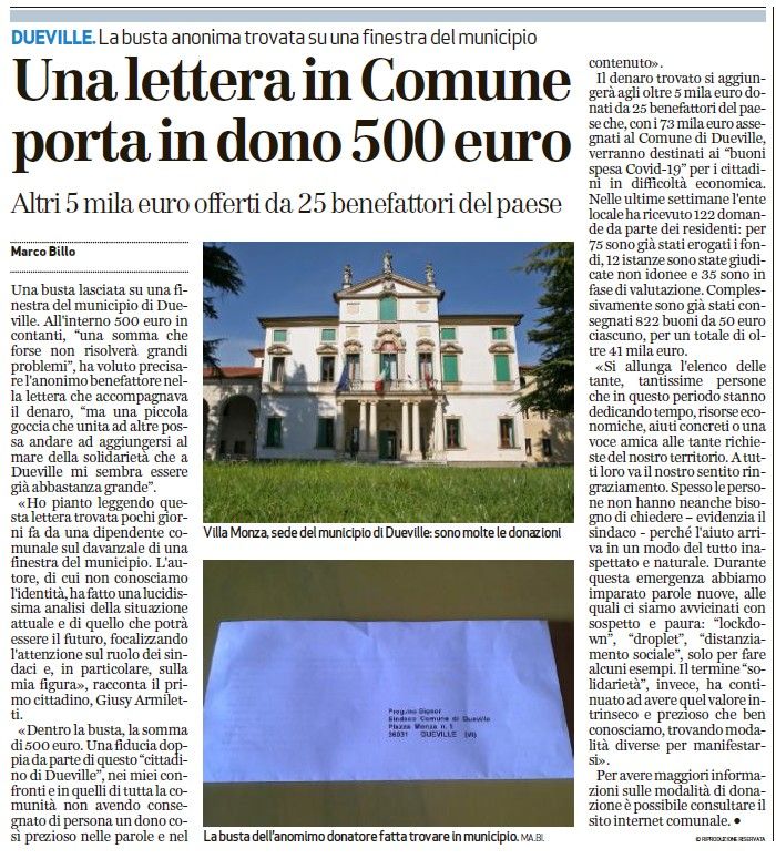 Una lettera in Comune porta in dono 500 euro